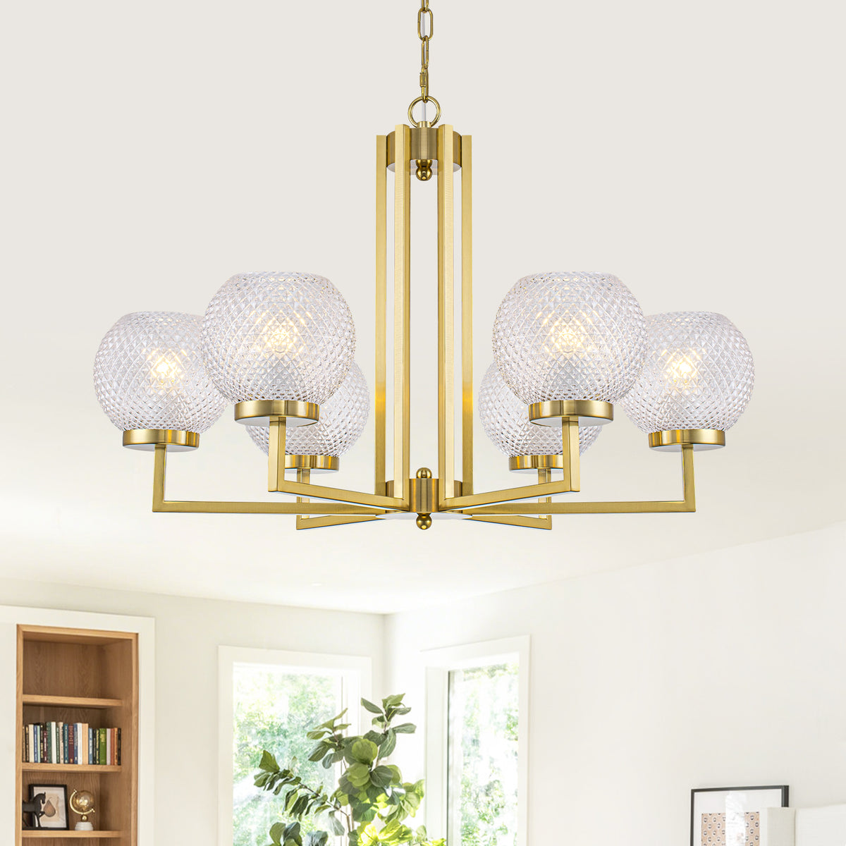 6-Light Modern Hanging Chandelier Textured Glass Globe Shades Dining