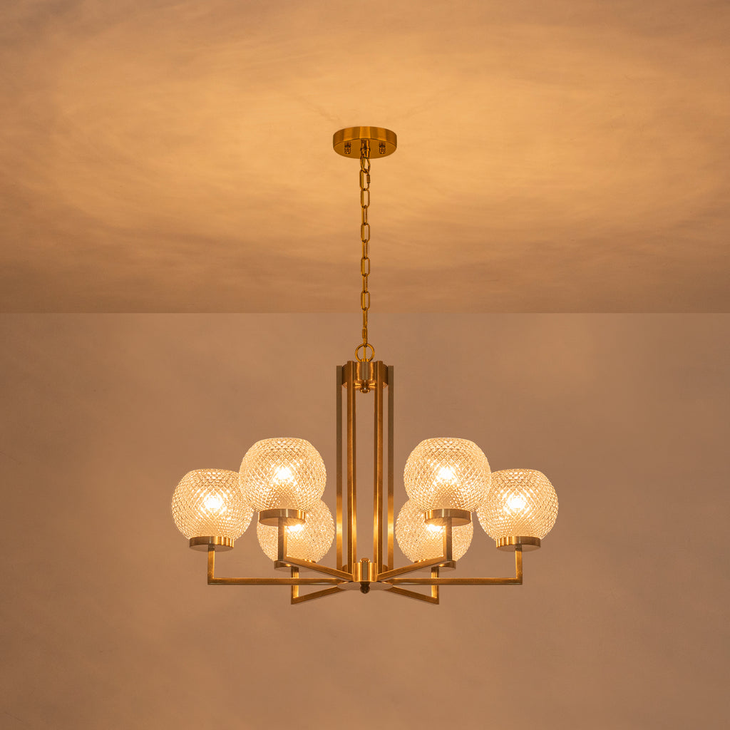 6-Light Modern Hanging Chandelier Textured Glass Globe Shades Dining