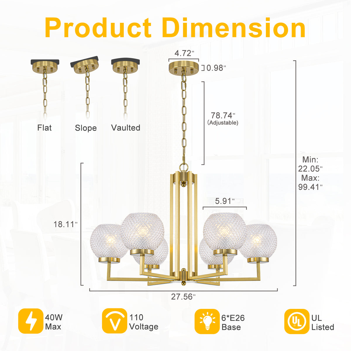 6-Light Modern Hanging Chandelier Textured Glass Globe Shades Dining