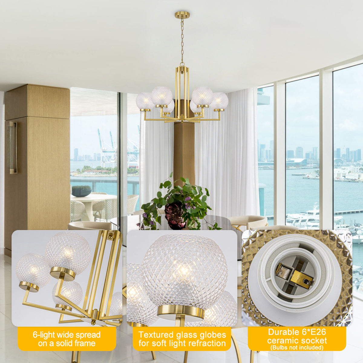 6-Light Modern Hanging Chandelier Textured Glass Globe Shades Dining