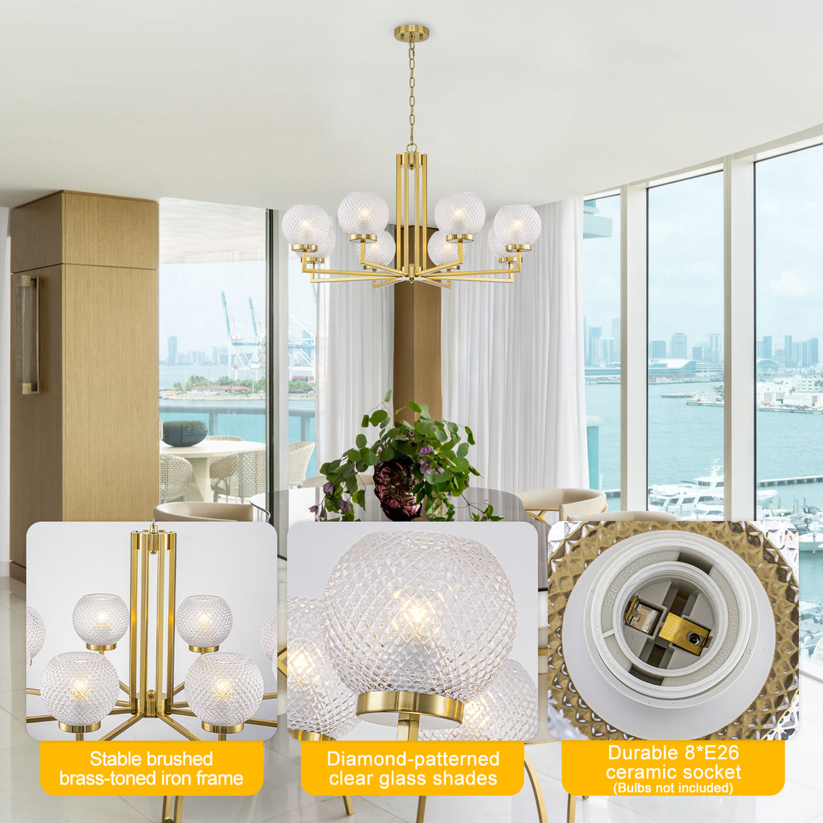 8-Light Modern Gold Chandelier with Textured Glass Shades Dining Room