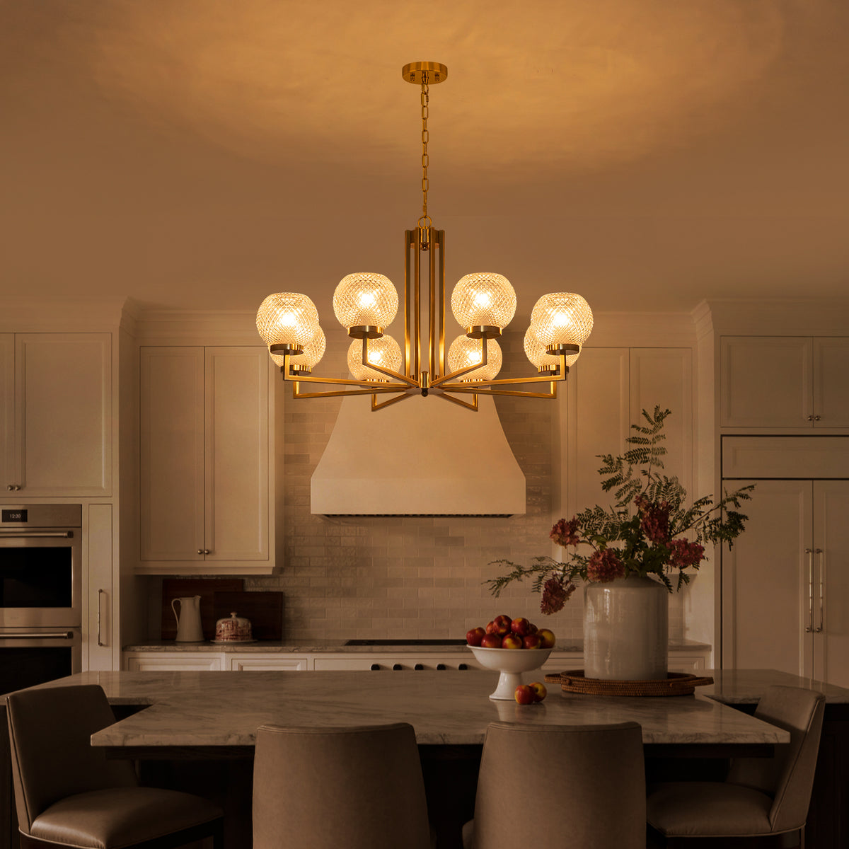 8-Light Modern Gold Chandelier with Textured Glass Shades Dining Room
