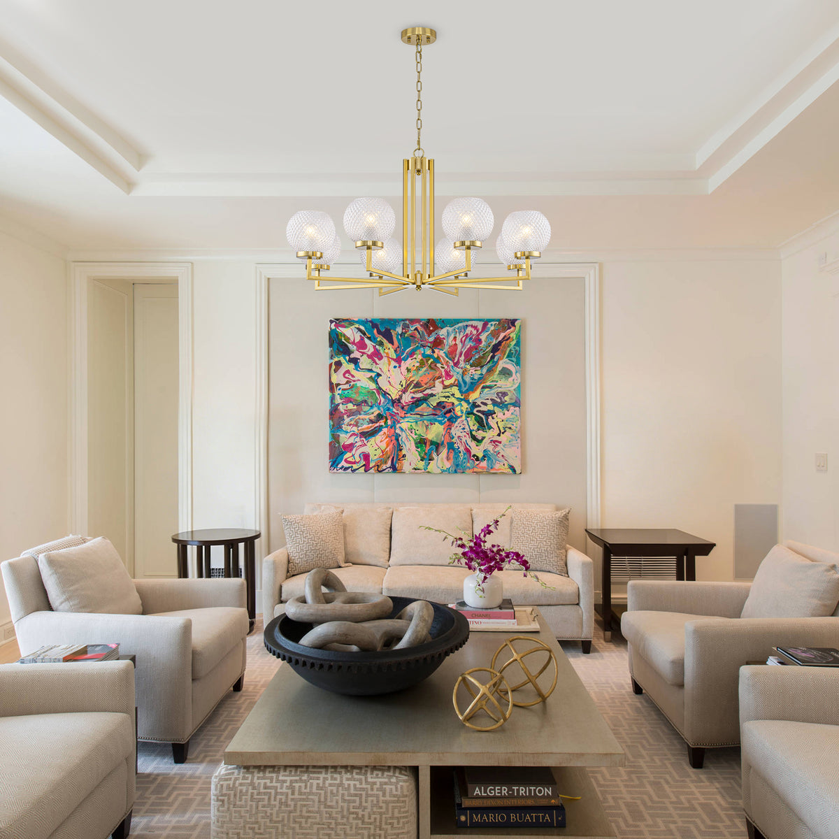 8-Light Modern Gold Chandelier with Textured Glass Shades Dining Room