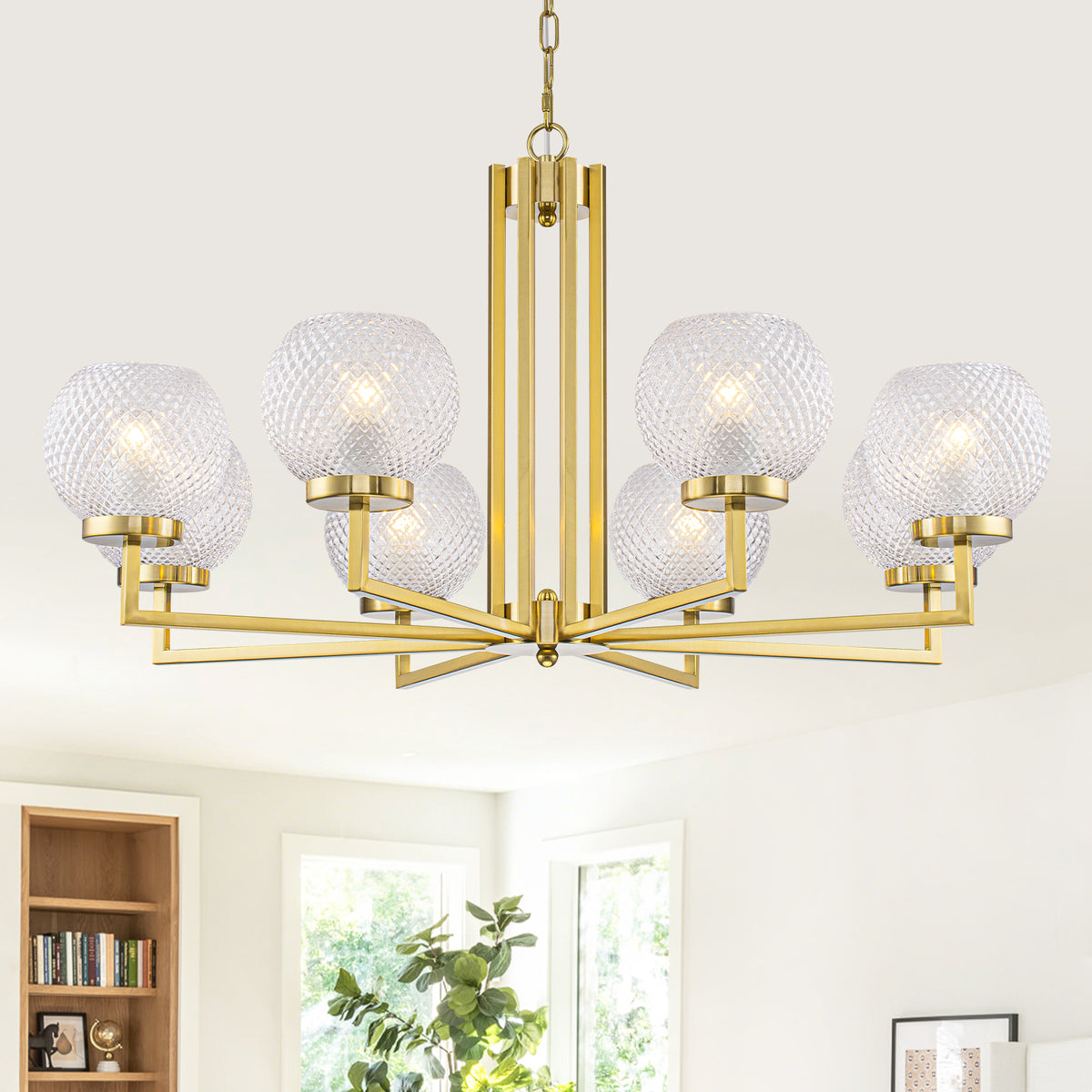 8-Light Modern Gold Chandelier with Textured Glass Shades Dining Room
