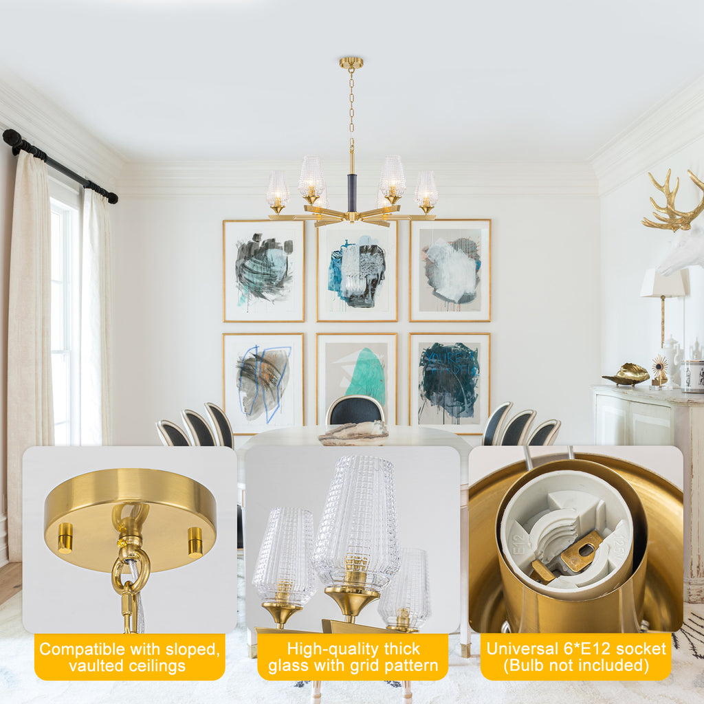 6 Light Chandelier Ribbed Glass Shades Modern Dining Room Pendant Light
