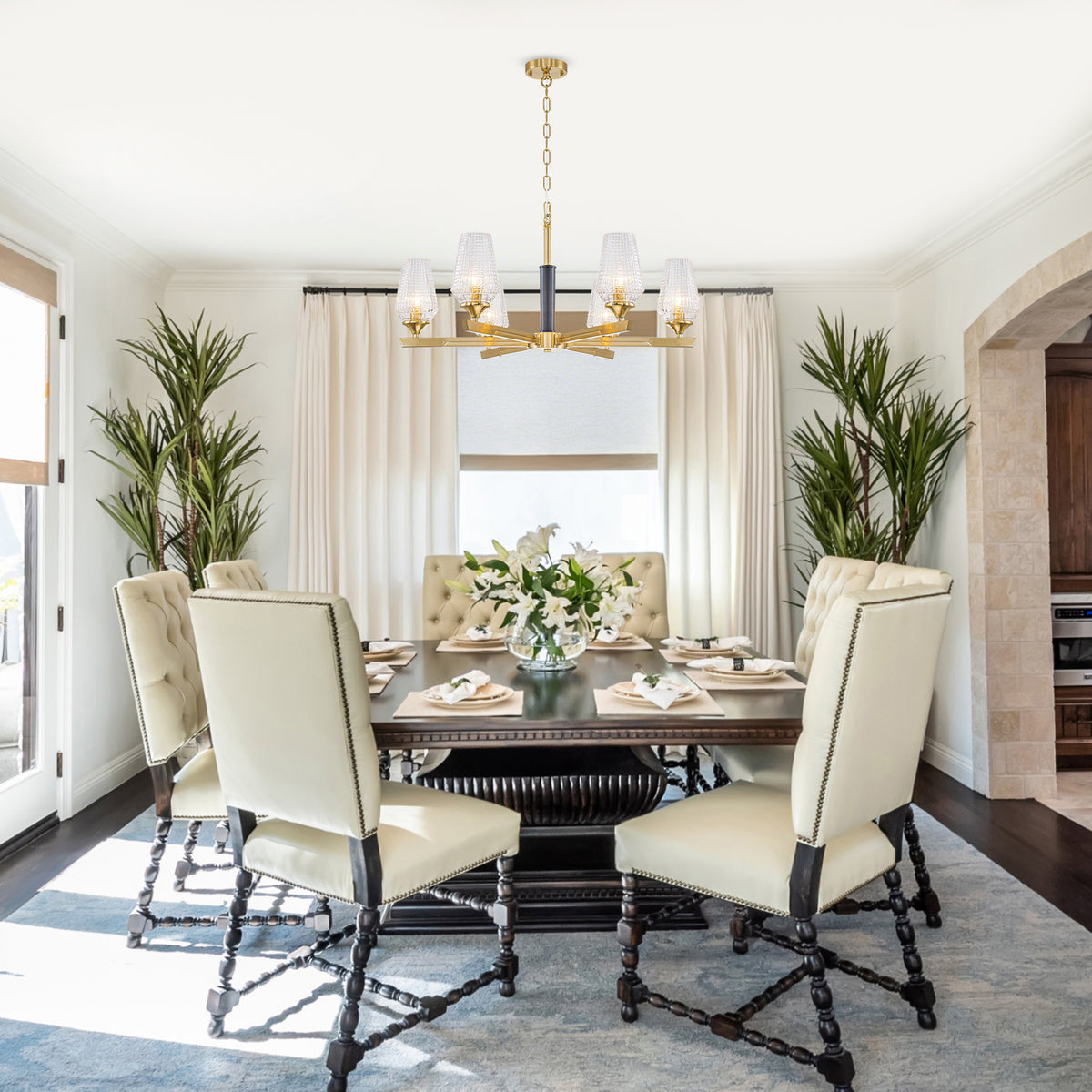 6 Light Chandelier Ribbed Glass Shades Modern Dining Room Pendant Light