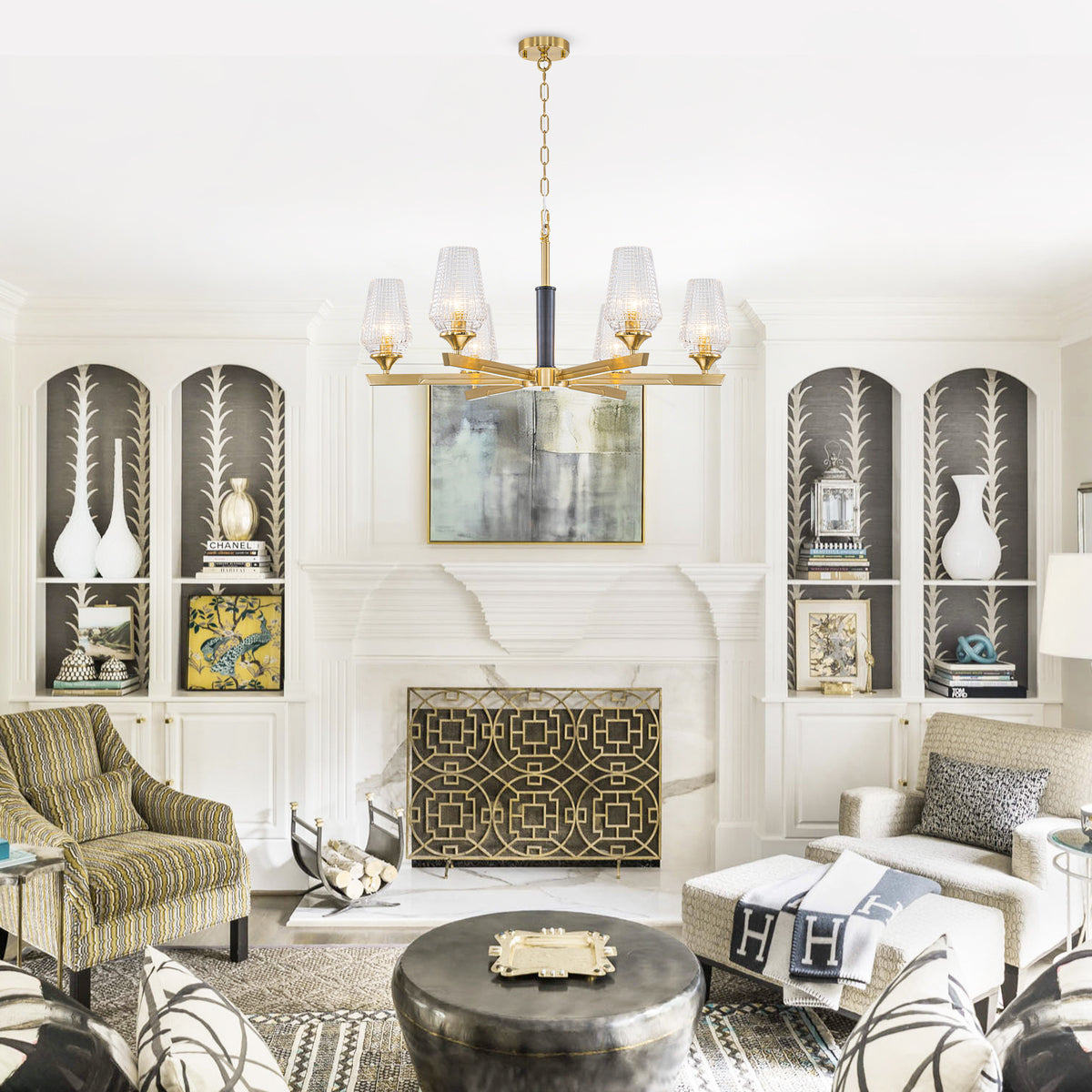 6 Light Chandelier Ribbed Glass Shades Modern Dining Room Pendant Light