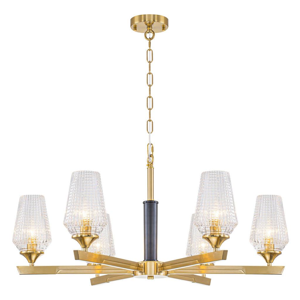 6 Light Chandelier Ribbed Glass Shades Modern Dining Room Pendant Light