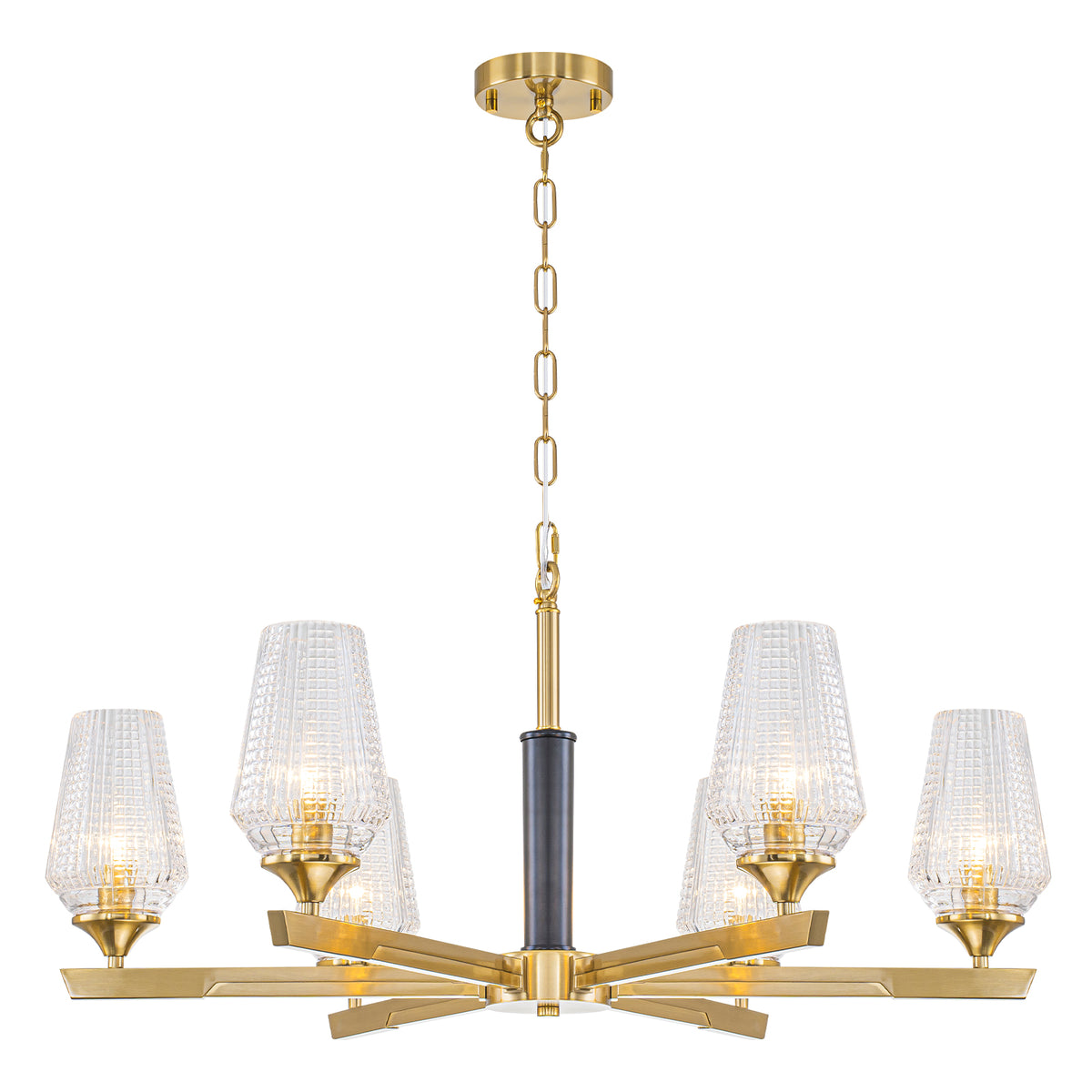 6 Light Chandelier Ribbed Glass Shades Modern Dining Room Pendant Light