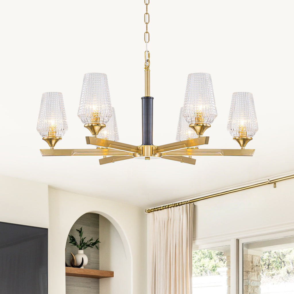 6 Light Chandelier Ribbed Glass Shades Modern Dining Room Pendant Light