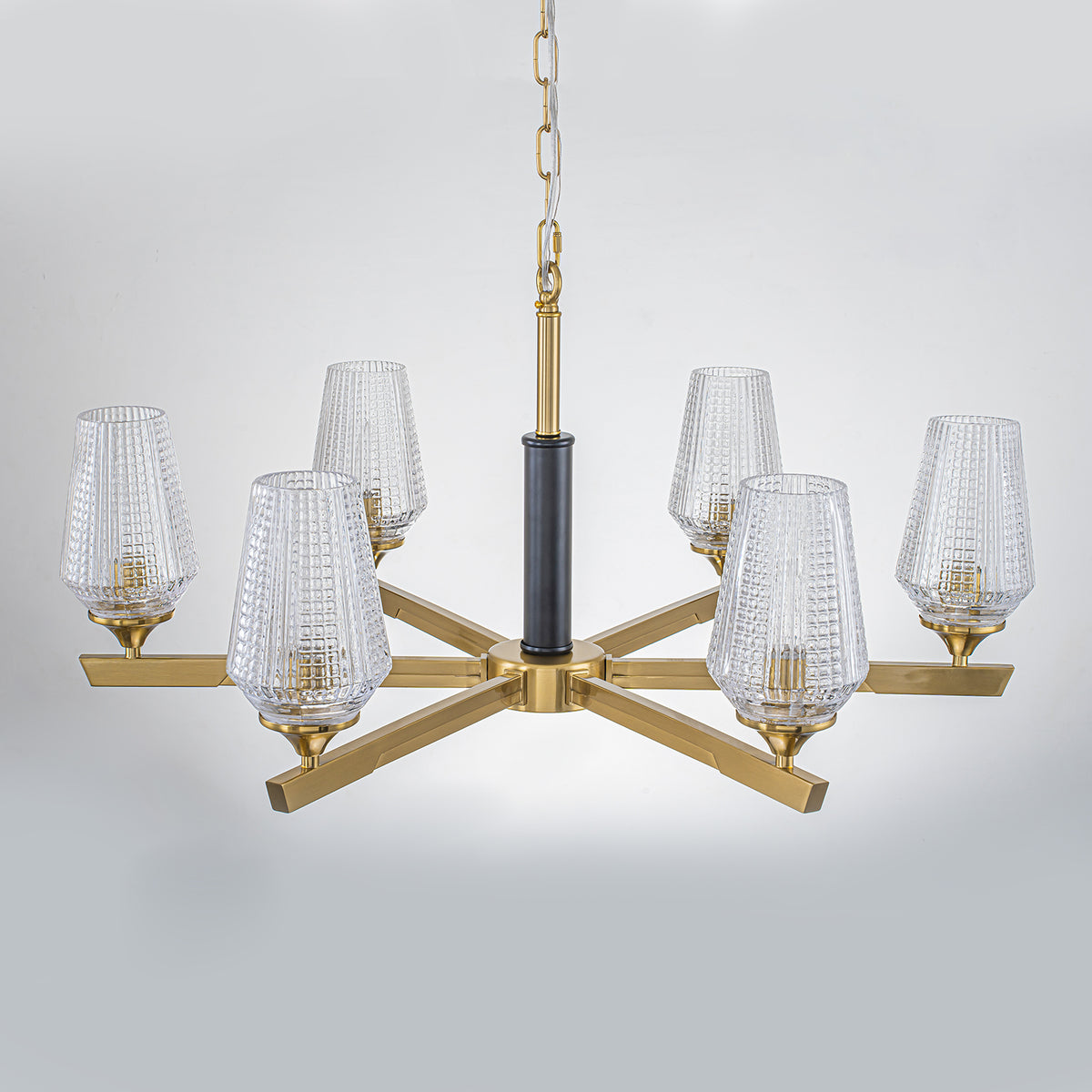 6 Light Chandelier Ribbed Glass Shades Modern Dining Room Pendant Light
