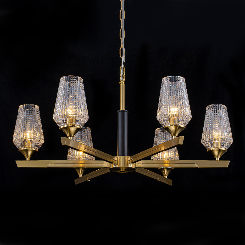 6 Light Chandelier Ribbed Glass Shades Modern Dining Room Pendant Light