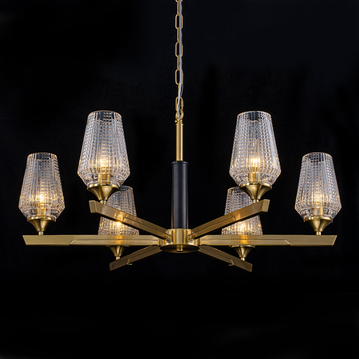 6 Light Chandelier Ribbed Glass Shades Modern Dining Room Pendant Light