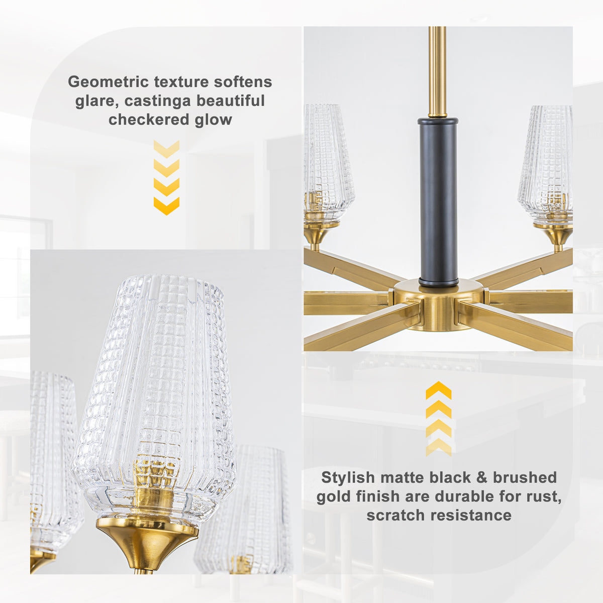 6 Light Chandelier Ribbed Glass Shades Modern Dining Room Pendant Light