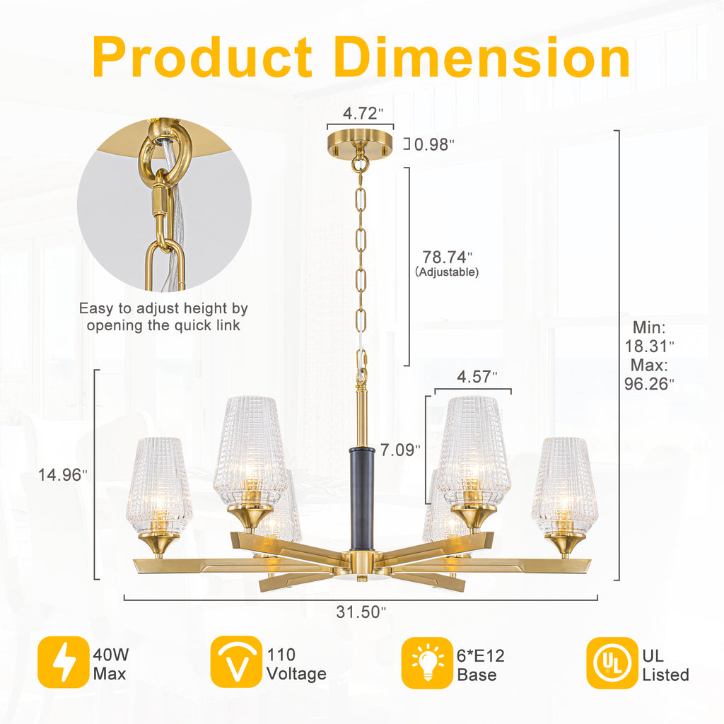 6 Light Chandelier Ribbed Glass Shades Modern Dining Room Pendant Light
