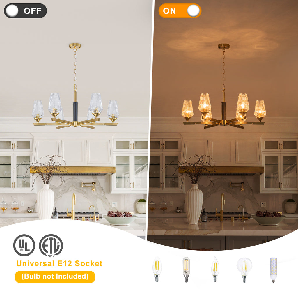 6 Light Chandelier Ribbed Glass Shades Modern Dining Room Pendant Light