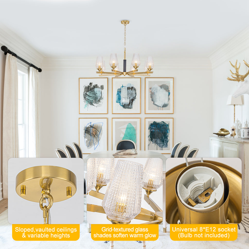 8 Light Chandelier Ribbed Glass Shades Modern Dining Room Pendant Light
