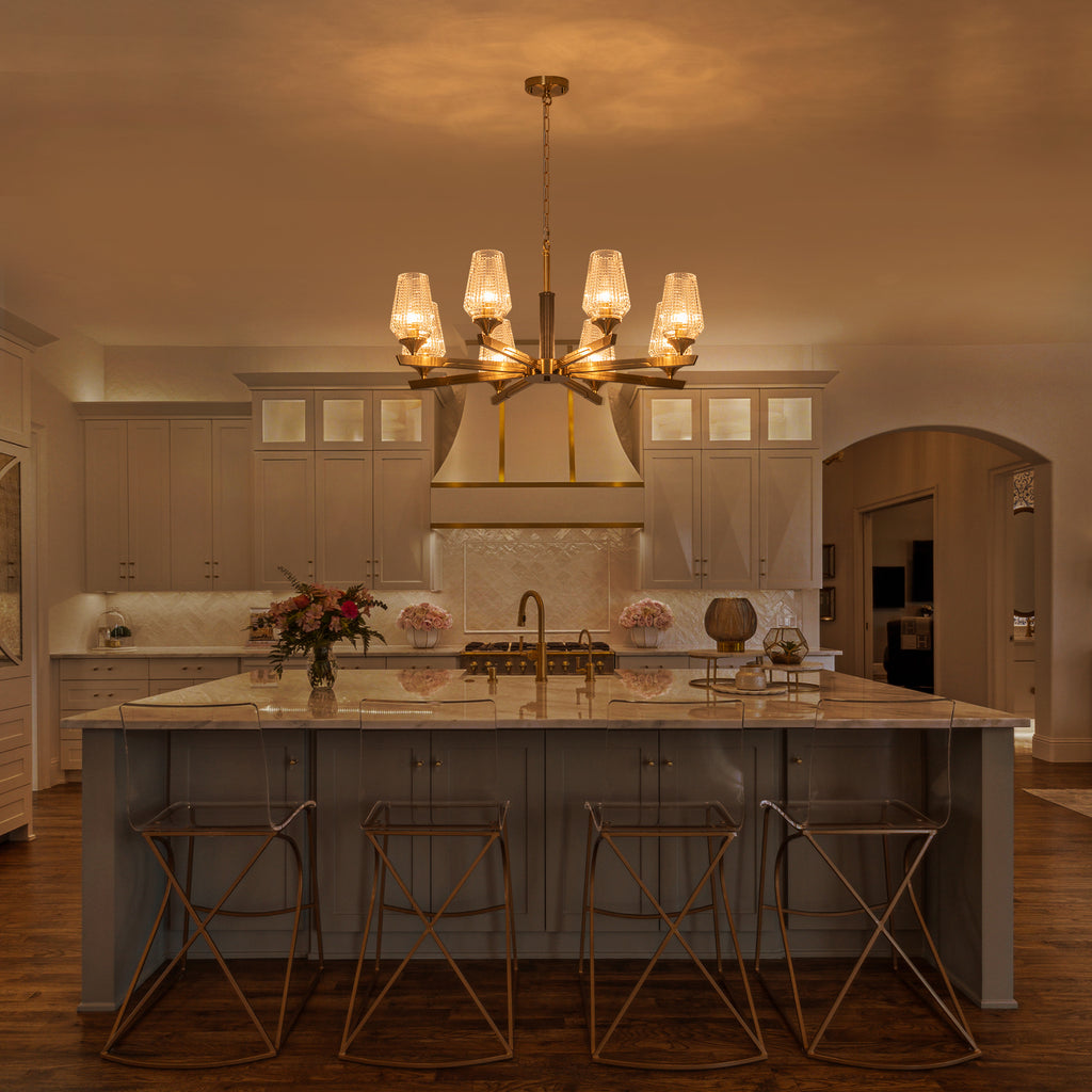 8 Light Chandelier Ribbed Glass Shades Modern Dining Room Pendant Light