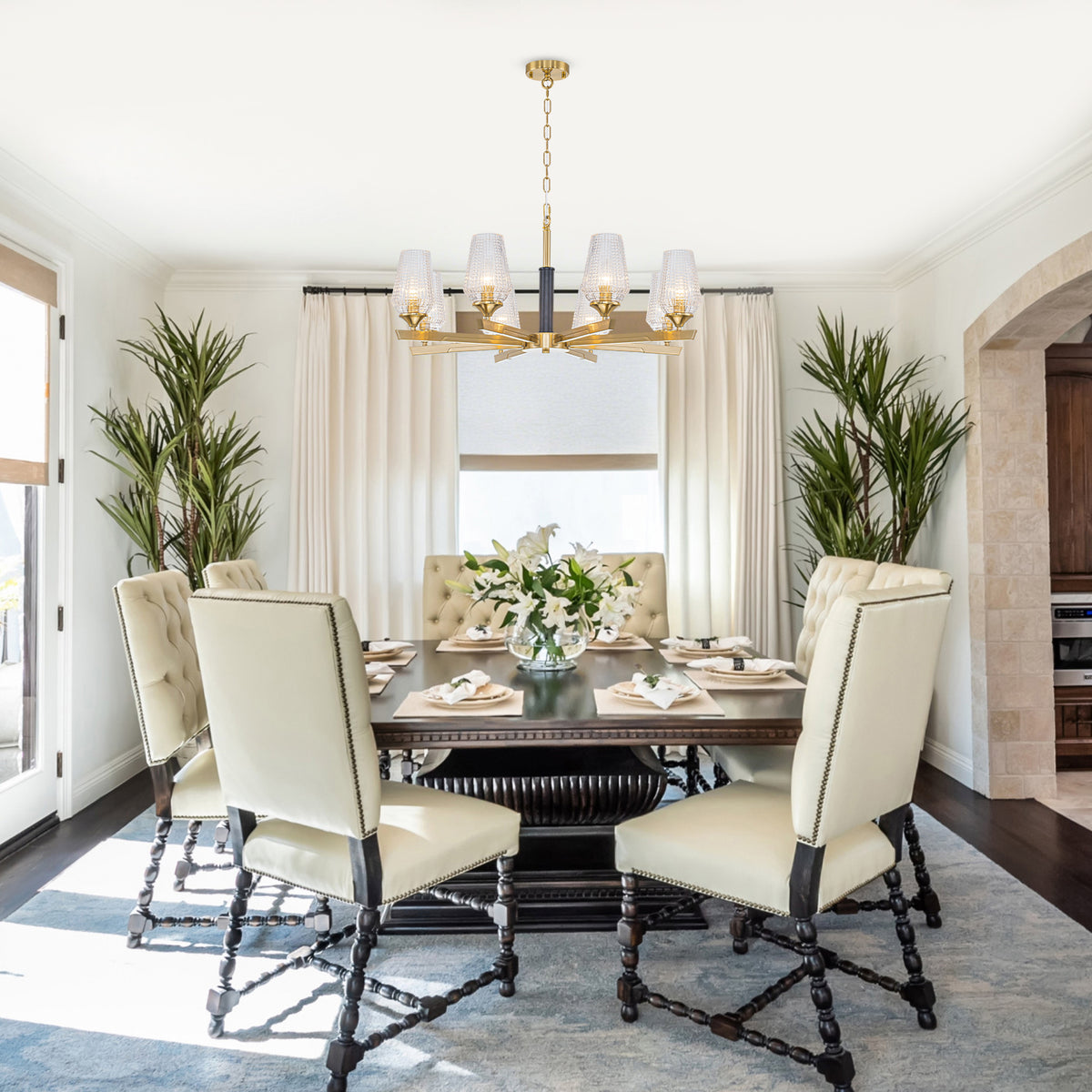 8 Light Chandelier Ribbed Glass Shades Modern Dining Room Pendant Light