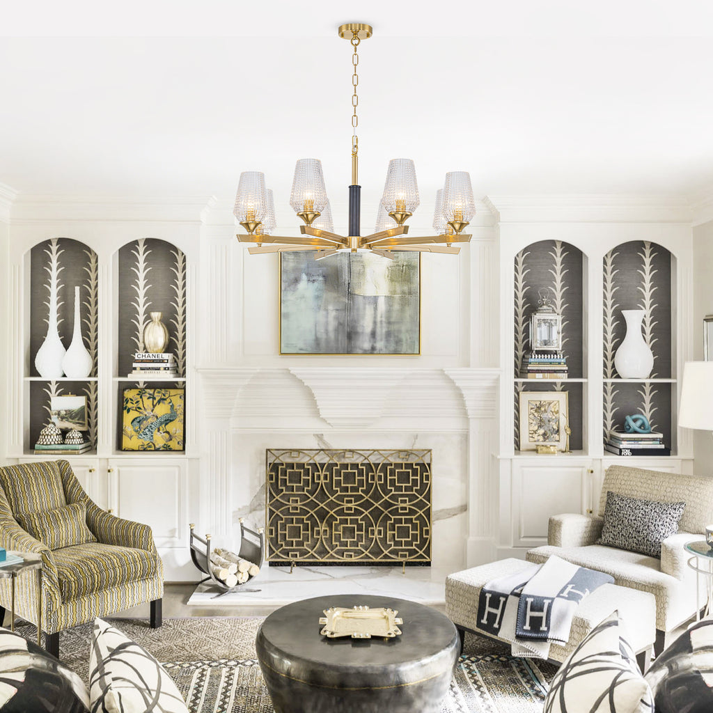 8 Light Chandelier Ribbed Glass Shades Modern Dining Room Pendant Light