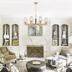 8 Light Chandelier Ribbed Glass Shades Modern Dining Room Pendant Light