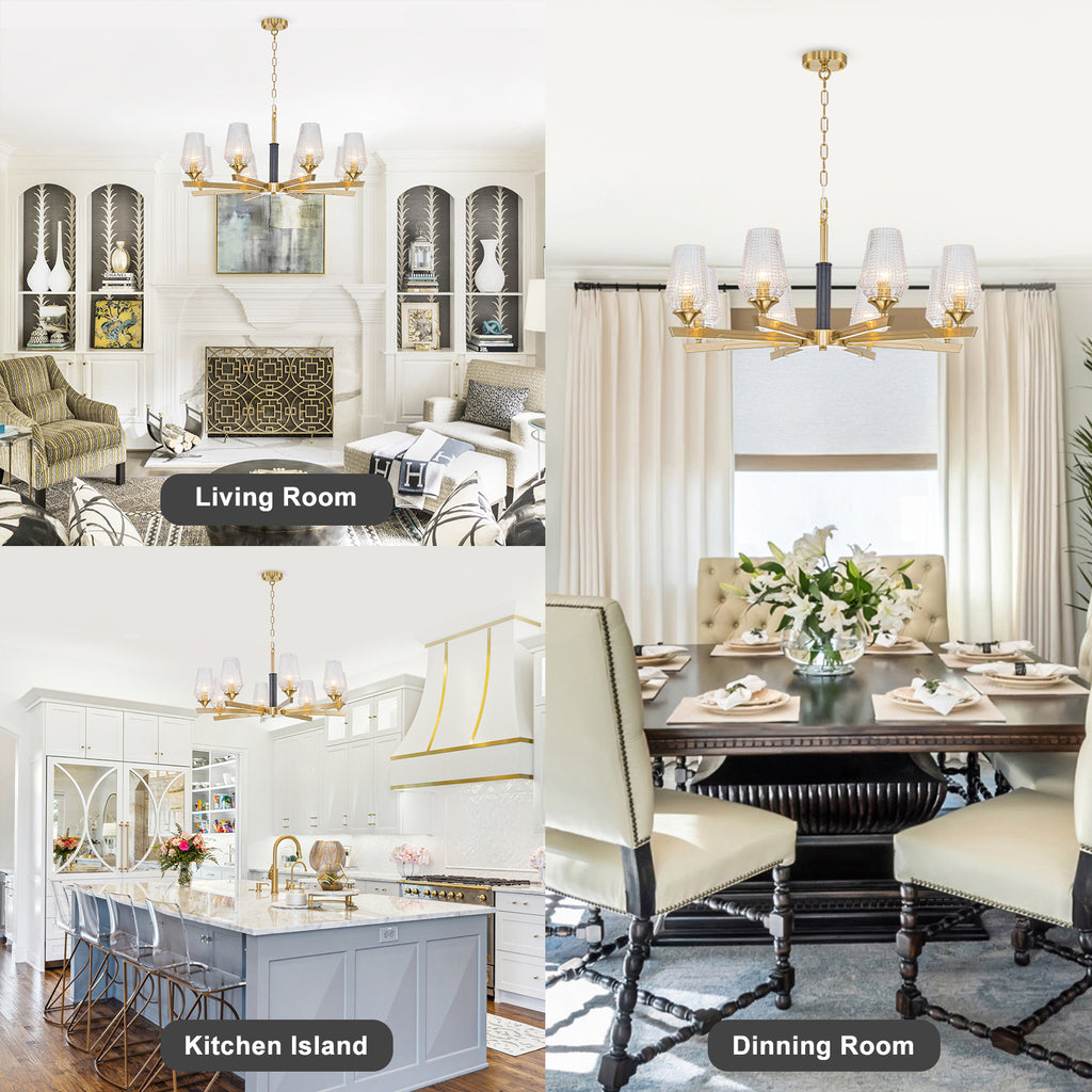 8 Light Chandelier Ribbed Glass Shades Modern Dining Room Pendant Light