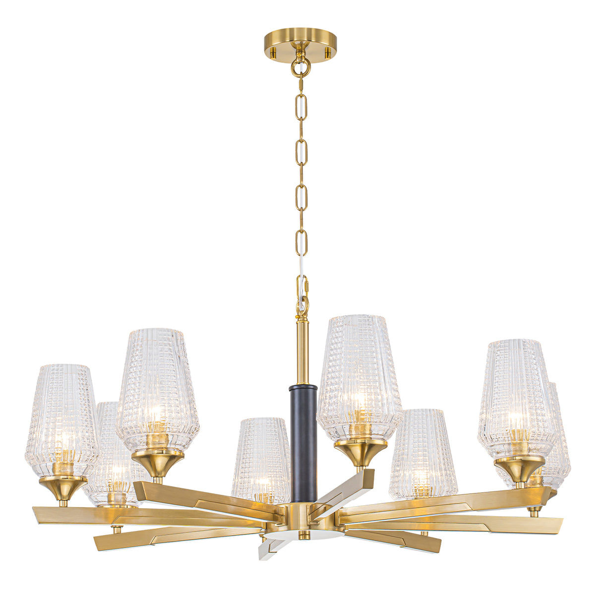 8 Light Chandelier Ribbed Glass Shades Modern Dining Room Pendant Light