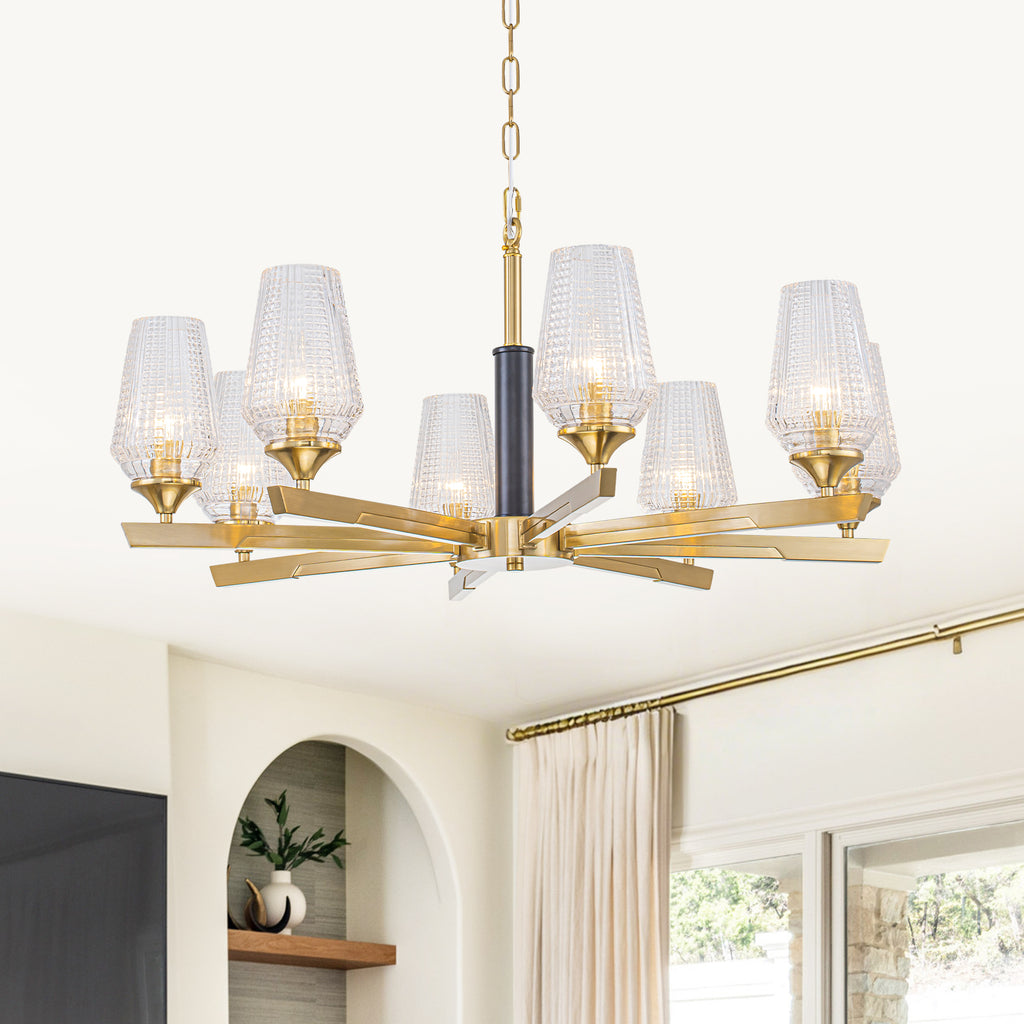 8 Light Chandelier Ribbed Glass Shades Modern Dining Room Pendant Light