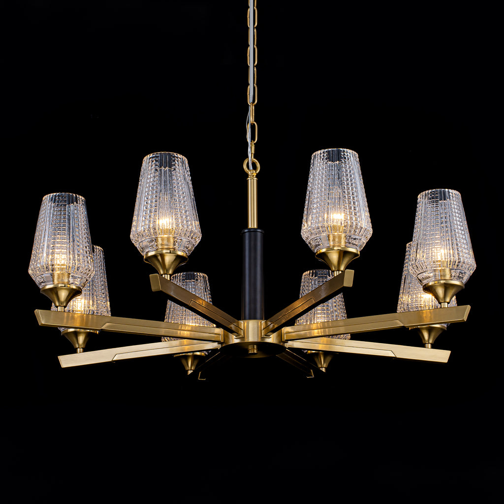 8 Light Chandelier Ribbed Glass Shades Modern Dining Room Pendant Light