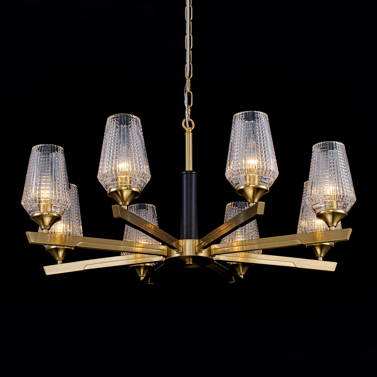 8 Light Chandelier Ribbed Glass Shades Modern Dining Room Pendant Light