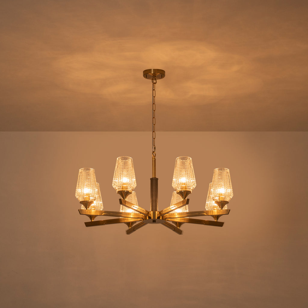 8 Light Chandelier Ribbed Glass Shades Modern Dining Room Pendant Light
