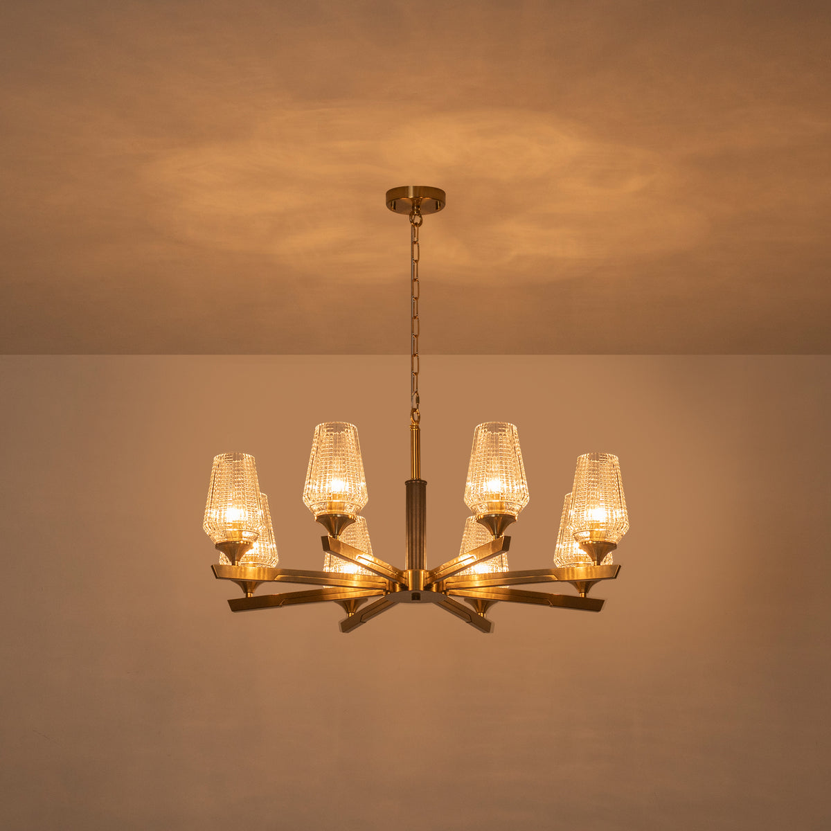 8 Light Chandelier Ribbed Glass Shades Modern Dining Room Pendant Light