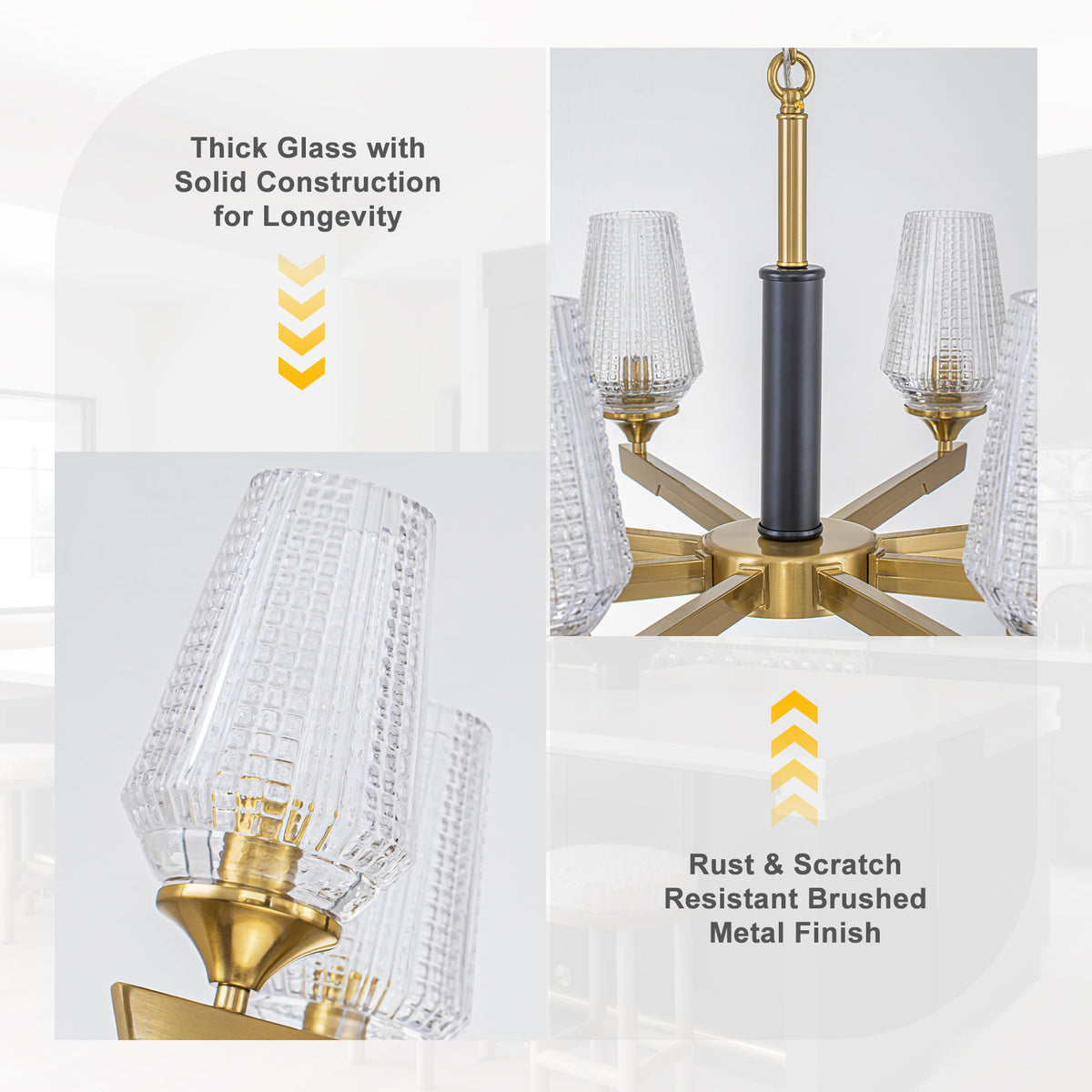 8 Light Chandelier Ribbed Glass Shades Modern Dining Room Pendant Light