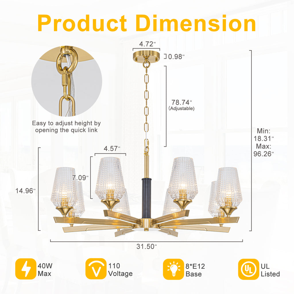 8 Light Chandelier Ribbed Glass Shades Modern Dining Room Pendant Light
