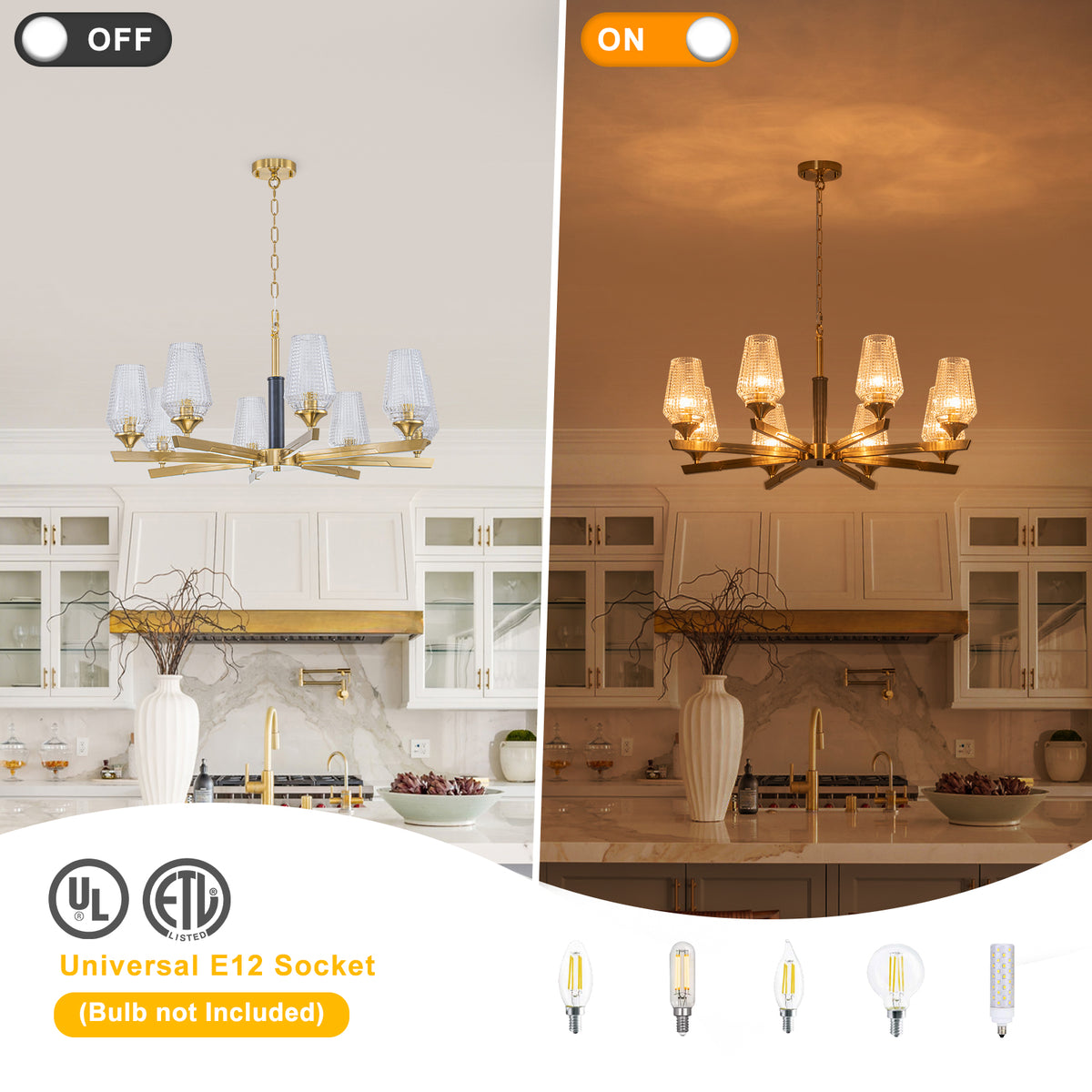 8 Light Chandelier Ribbed Glass Shades Modern Dining Room Pendant Light