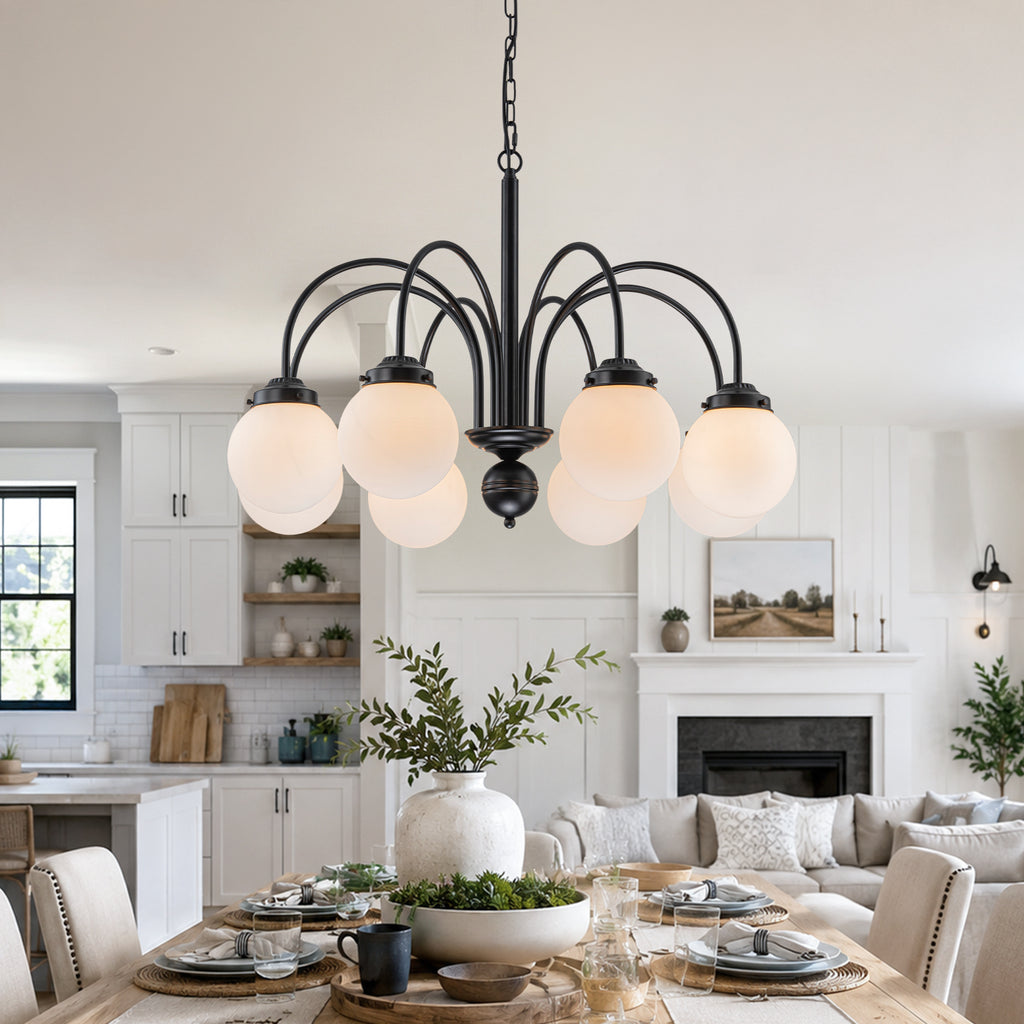 8-Light Black Globe Chandelier Milk Glass Shades Modern Dining Room