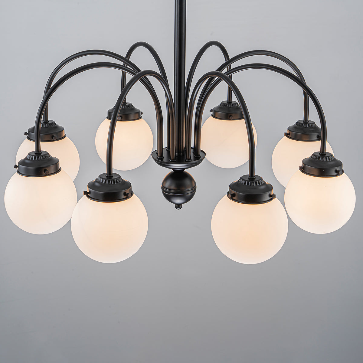 8-Light Black Globe Chandelier Milk Glass Shades Modern Dining Room