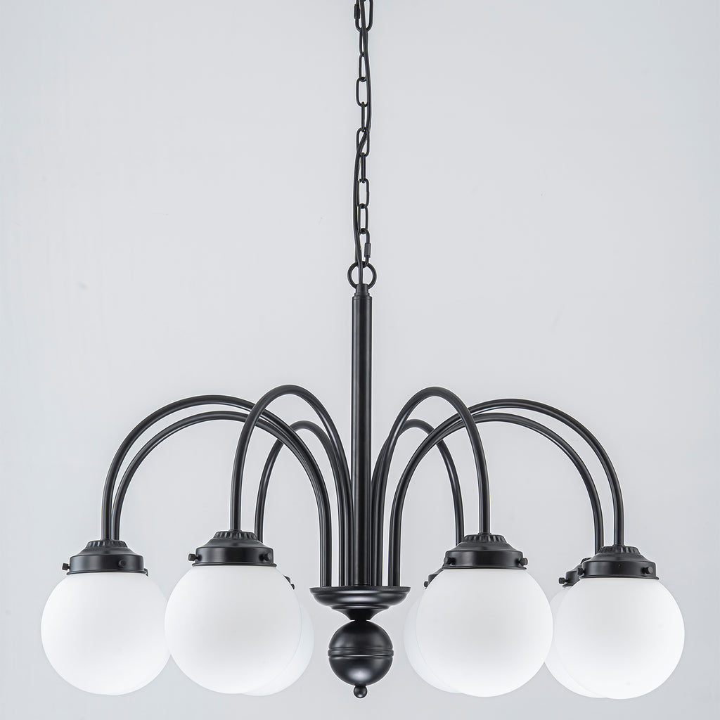 8-Light Black Globe Chandelier Milk Glass Shades Modern Dining Room