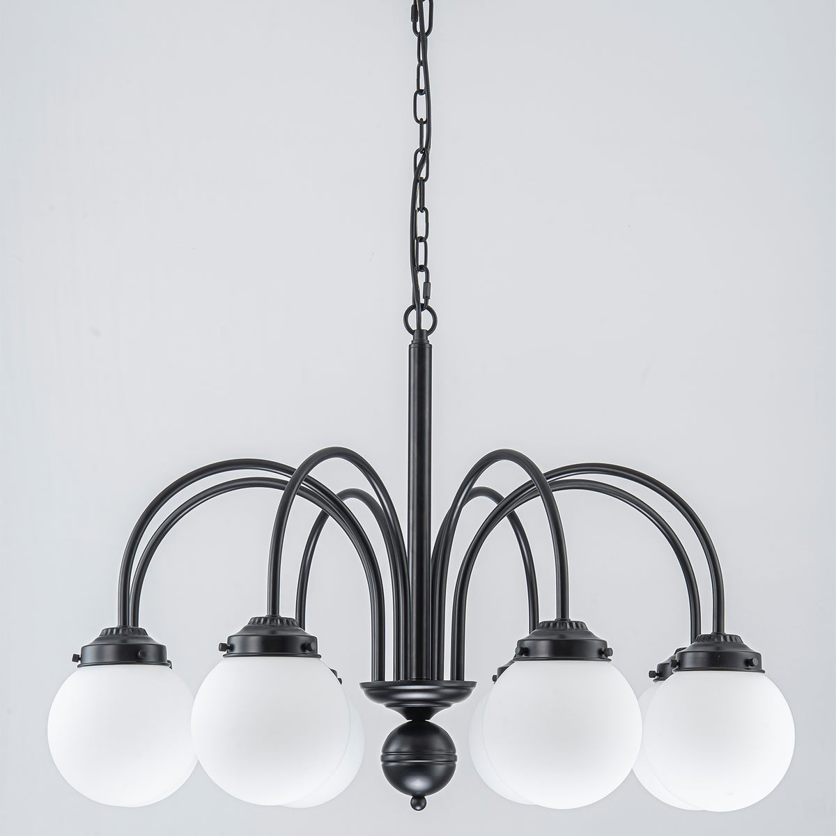 8-Light Black Globe Chandelier Milk Glass Shades Modern Dining Room