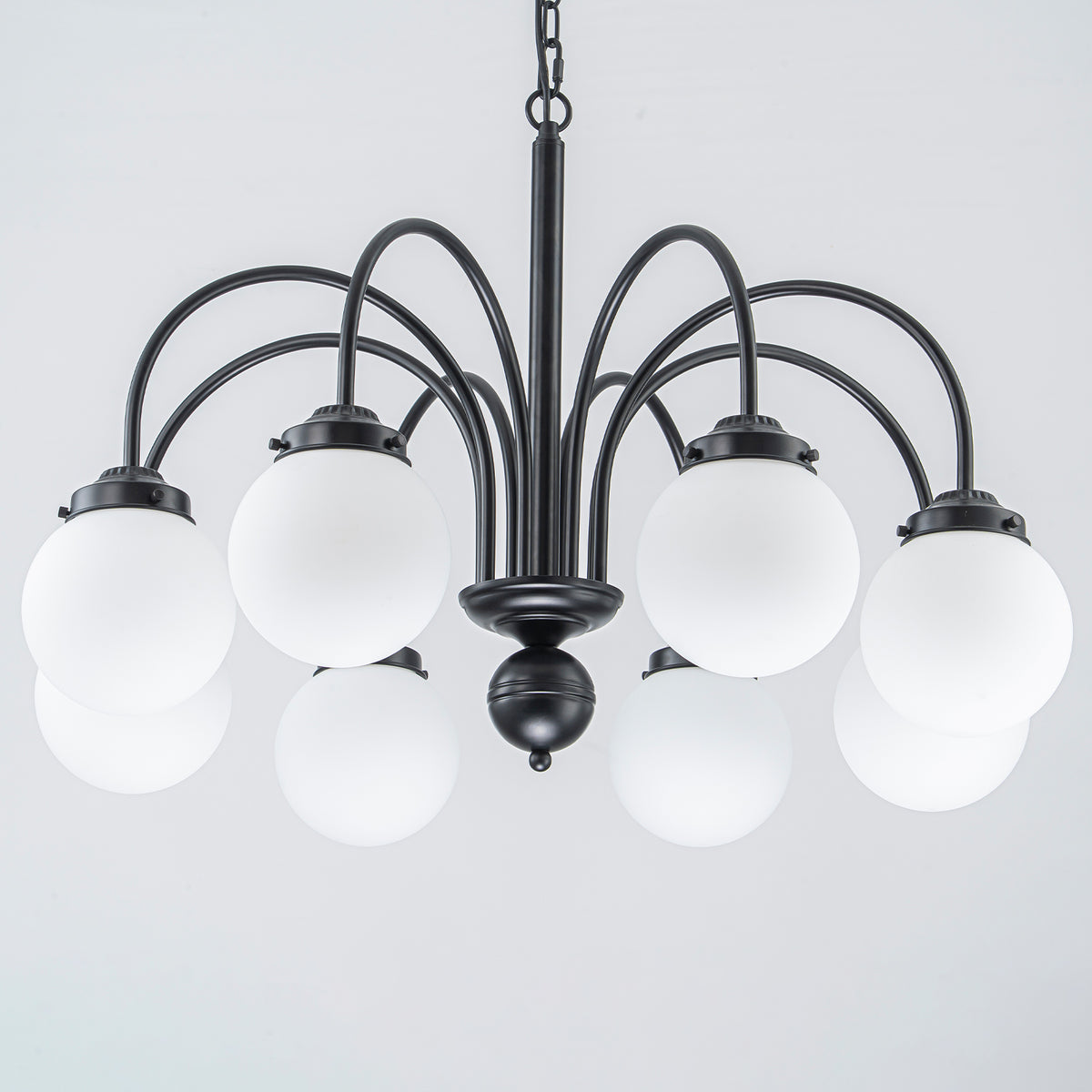 8-Light Black Globe Chandelier Milk Glass Shades Modern Dining Room