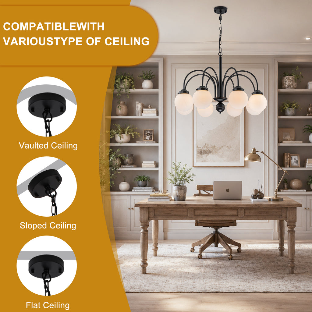 8-Light Black Globe Chandelier Milk Glass Shades Modern Dining Room