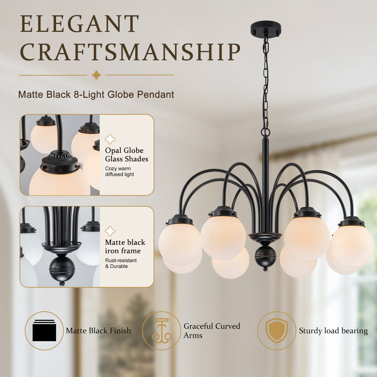 8-Light Black Globe Chandelier Milk Glass Shades Modern Dining Room