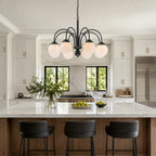 8-Light Black Globe Chandelier Milk Glass Shades Modern Dining Room