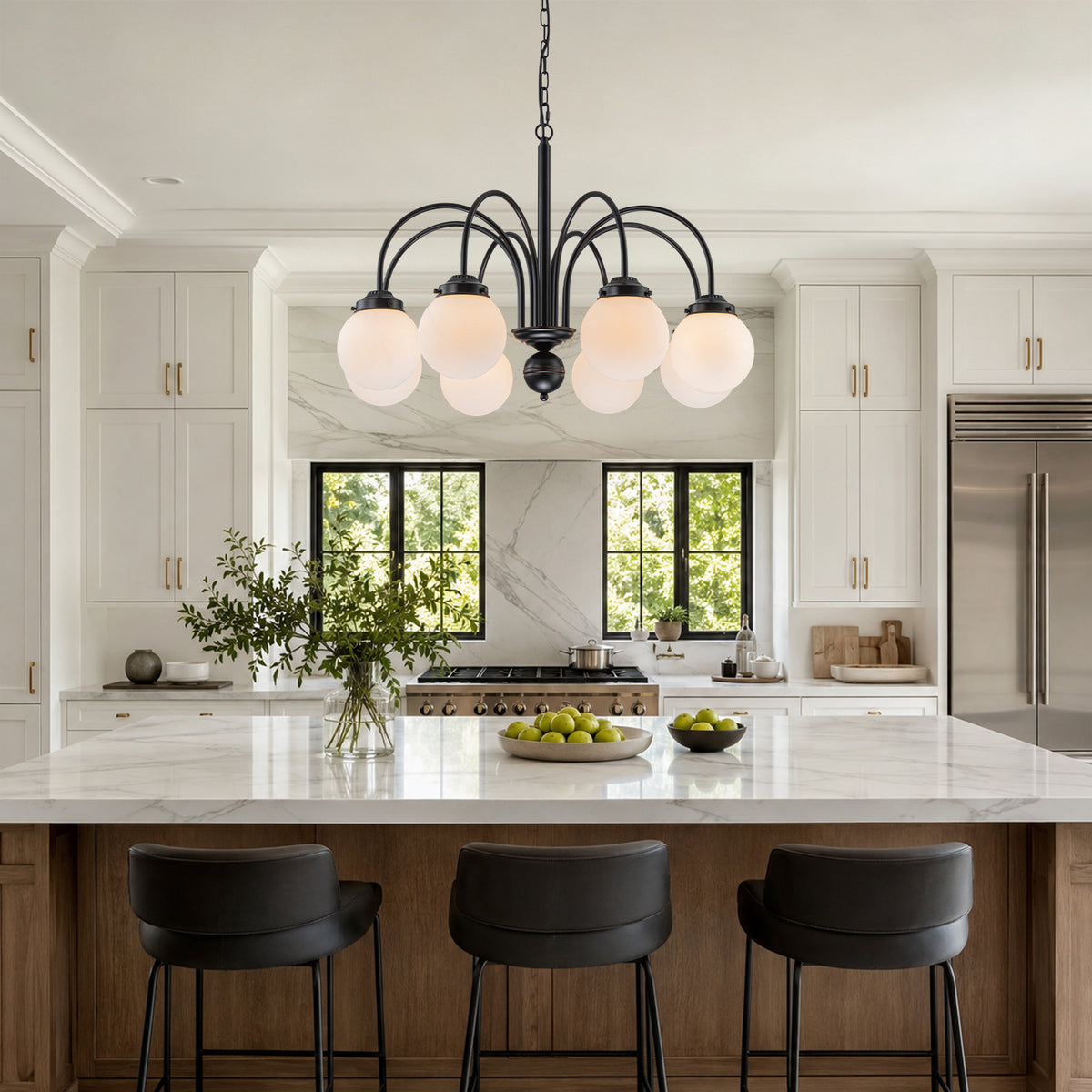 8-Light Black Globe Chandelier Milk Glass Shades Modern Dining Room