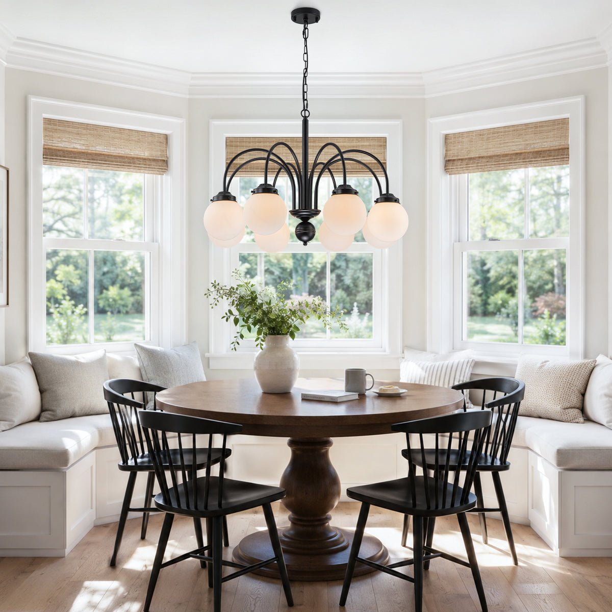 8-Light Black Globe Chandelier Milk Glass Shades Modern Dining Room