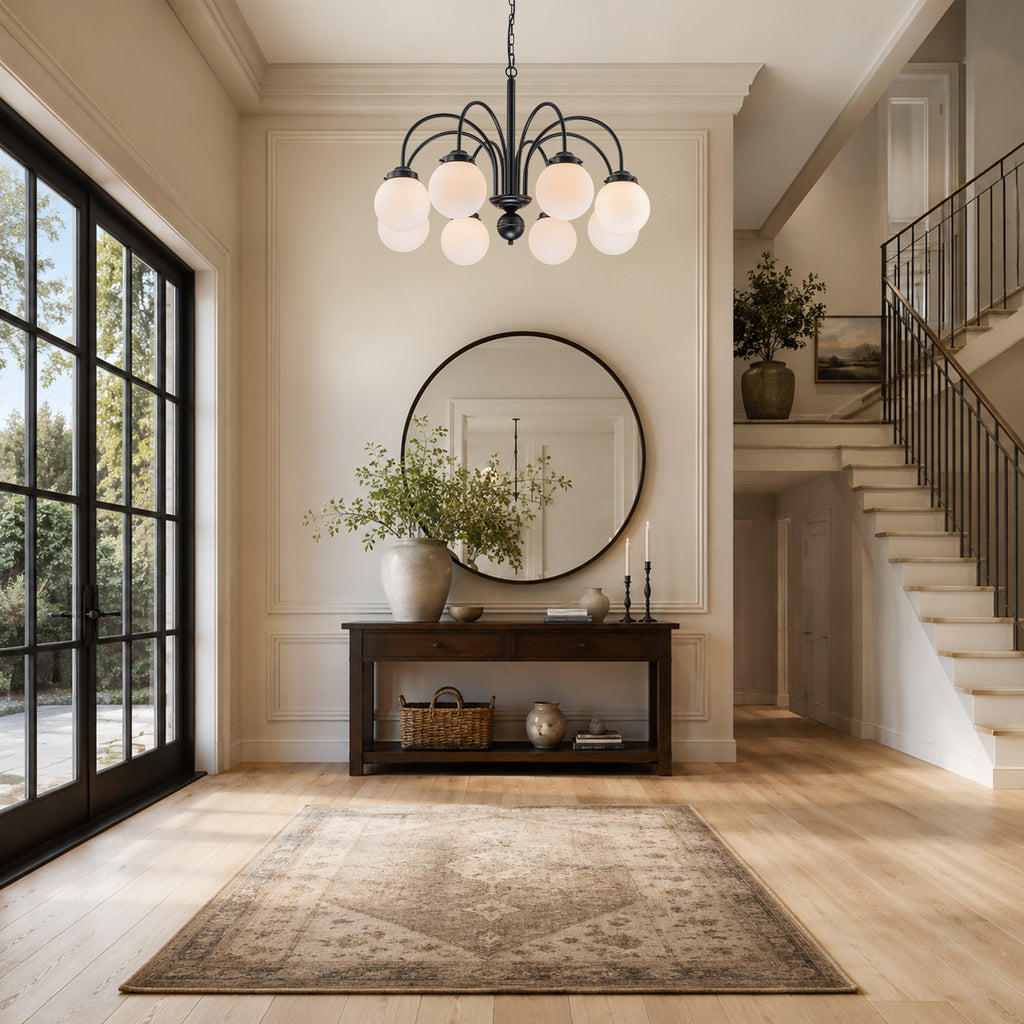 8-Light Black Globe Chandelier Milk Glass Shades Modern Dining Room
