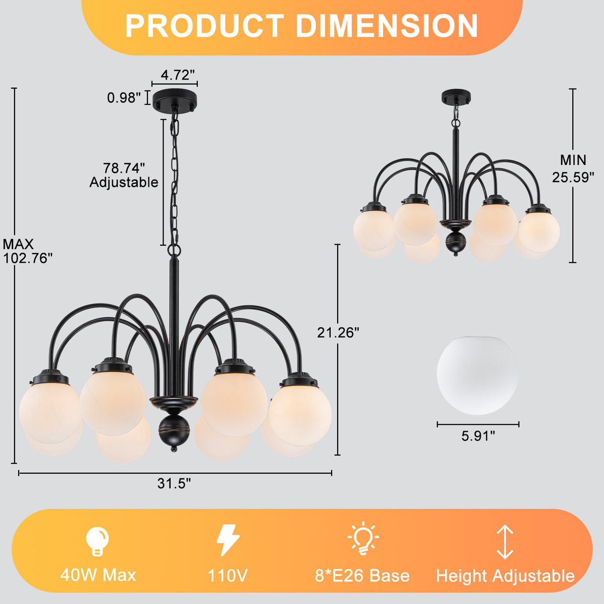 8-Light Black Globe Chandelier Milk Glass Shades Modern Dining Room