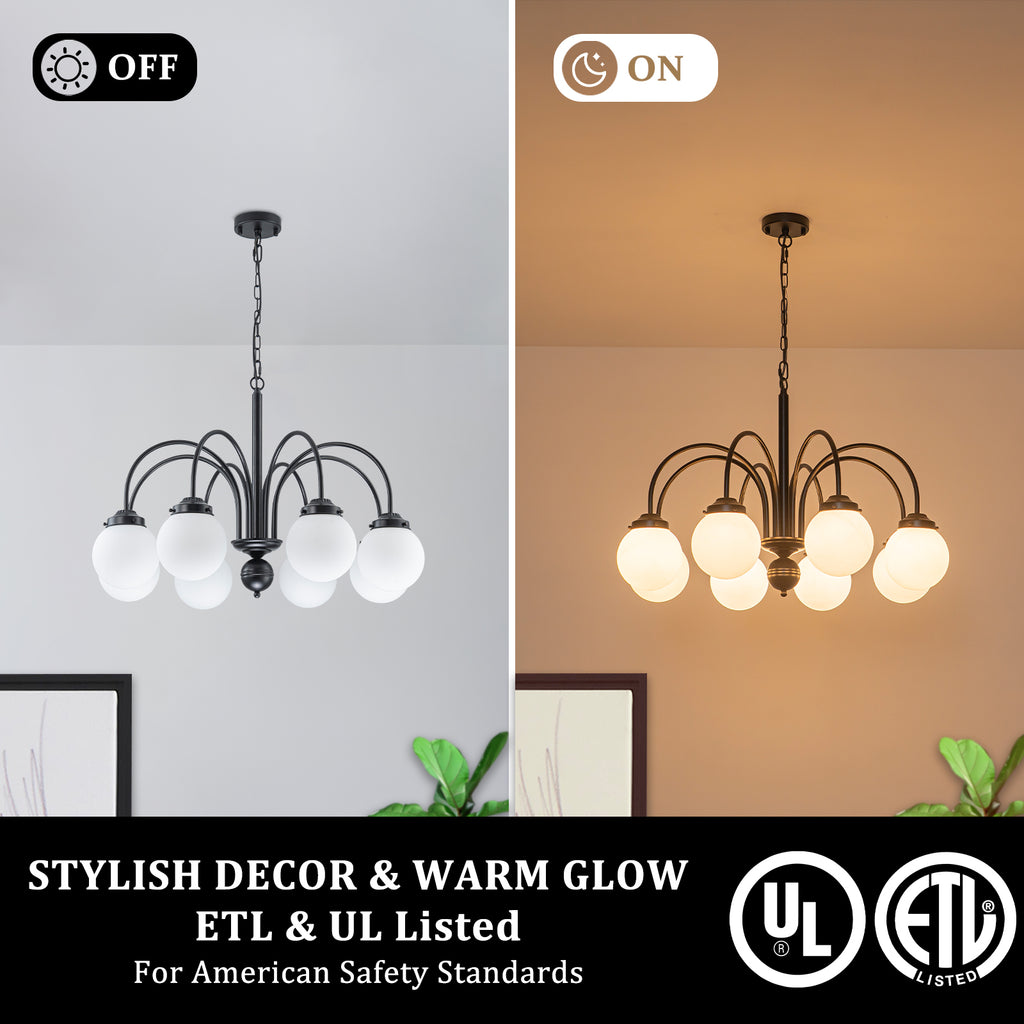 8-Light Black Globe Chandelier Milk Glass Shades Modern Dining Room