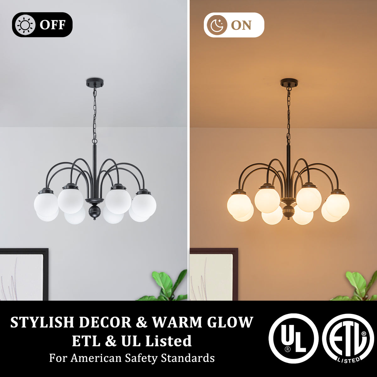 8-Light Black Globe Chandelier Milk Glass Shades Modern Dining Room