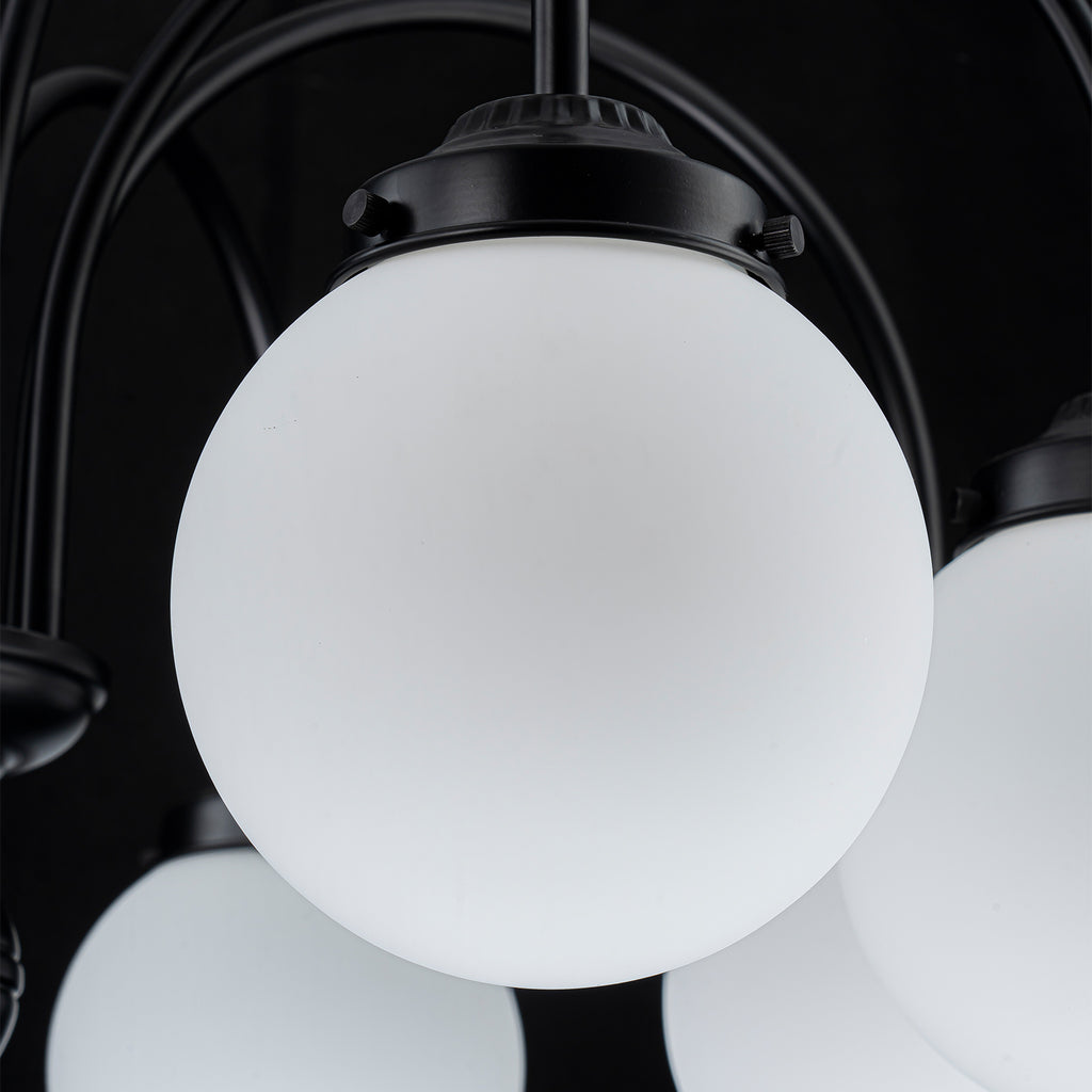8-Light Black Globe Chandelier Milk Glass Shades Modern Dining Room